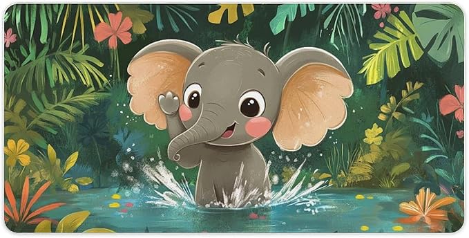 Large Ergonomic Gaming Mouse Pad Playful Baby Elephant - Fun Safari Animal Theme with Non-Slip Base Water-Resistant Surface and Stitched Edges 30x60cm