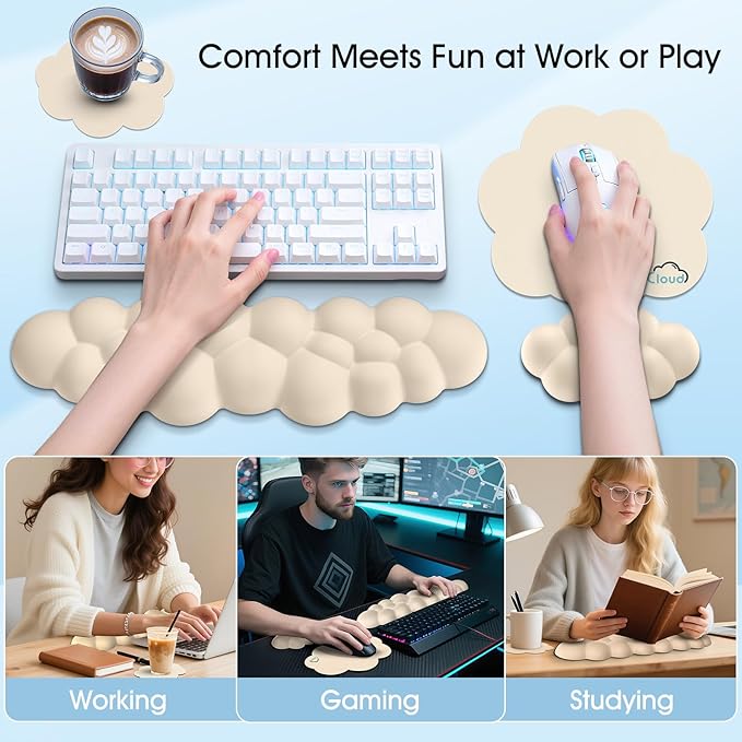 Cloud Wrist Rest Keyboard Cushion, 4-in-1 Ergonomic Cloud Keyboard Wrist Rest and Mouse Pad Set with Memory Foam Arm Support for Palm, Cute Desk Accessory for PC Gaming Setup, Beige