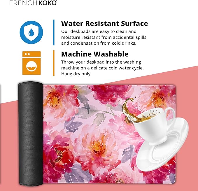 French KOKO Large Mouse Pad Desk Mat 15" x 30" – Extended Floral Desk Protector for Keyboard & Mouse – Non-Slip Waterproof Cute Office Pad Aesthetic Workstation Mat