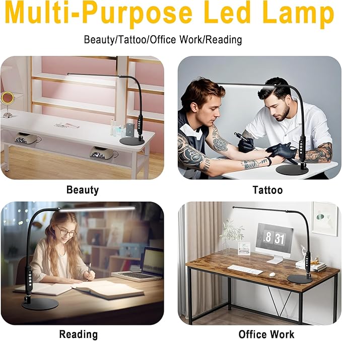 CGBE Led Desk Lamp: 360° Adjustable Nail Light for Desk with 3 Color Modes 5 Brightness, 23.6-Inch Nail Lamp for Desk for Salon Manicurist Tattoo Crafts Sewing Work Reading Game - Black