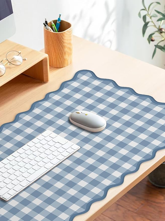 Scalloped‌ Blue Checkered Gingham Desk Mat Cute Pastel XXL Large Gaming Mouse Pad Kawaii Cottagecore ‌Vintage‌ Rustic Keyboard Computer Mat Aesthetic Desk Pad Accessories Office Decor
