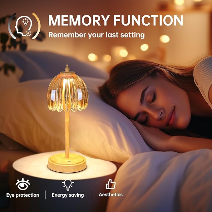 Tulip Table Lamp with 5200mAh Battery & Touch Control, Small Cordless Table Lamp with 3 Colors, Rechargeable Battery Operated Table Lamps for Bedroom, Desk, Bedside (Amber-Beech Color)
