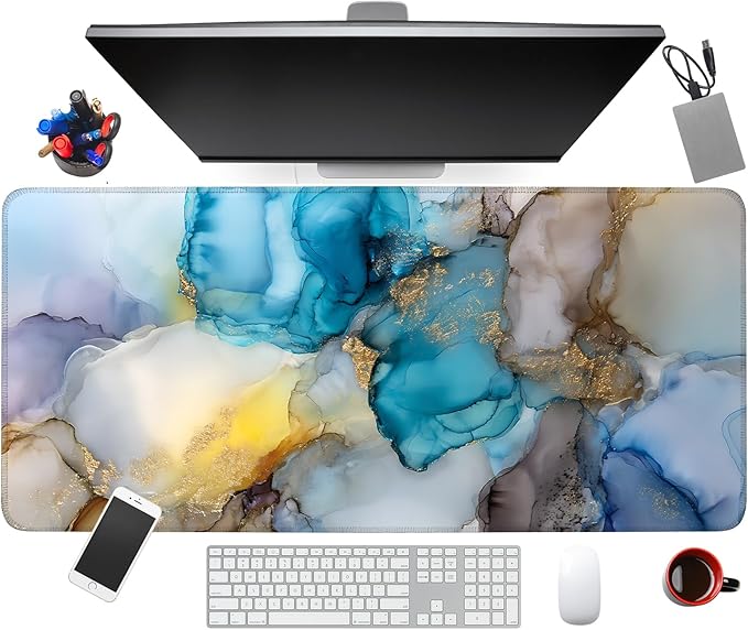 Large Mouse Pad & Keyboard Mat 35x16 Inches, Luxury Fluid Agate with Gold Veins Non-Slip Rubber Base Desk Mat, Large Extended Desk Protector for Home Office Gaming Setup