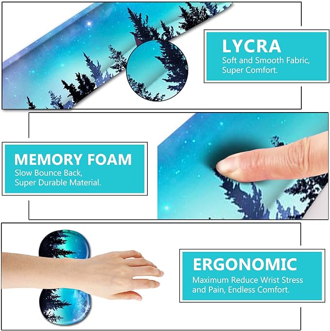 AIMSA Keyboard Wrist Rest Support + Mouse Pad + Mouse Wrist Rest + Coaster, Ergonomic Memory Foam Anti-Slip Rubber Base 4 PCS Set Easy Typing Pain Relief, Forest Moon Sky