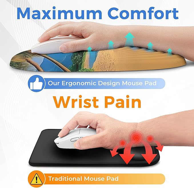 Ergonomic Mouse Pad with Wrist Support, Memory Foam Wrist Rest for Pain Relief & Carpal Tunnel, Non-Slip Base for Office, Computer, PC, Laptop (12x8x1.2inch, Yellow Beach)