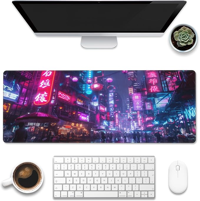 Desk Mat,Cyberpunk Neon City Large Gaming Mouse Pad for Desk XL,Futuristic Night Street Desk Pad,Extended Big Computer Keyboard Mouse Pad with Non-Slip Base and Stitched Edge 31.5"x11.8"