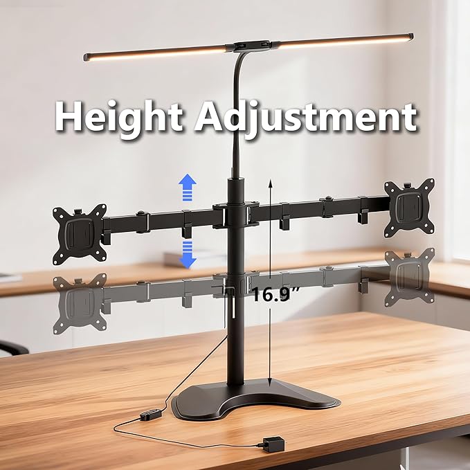 13–27″ Dual Monitor Stand for Desk with Adjustable LED Desk Lamp, Monitor Stand with Led Lights Freestanding Dual Monitor Mount (22 lbs/Arm) – Two-Screen Ergonomic Mount with Reading Lamp
