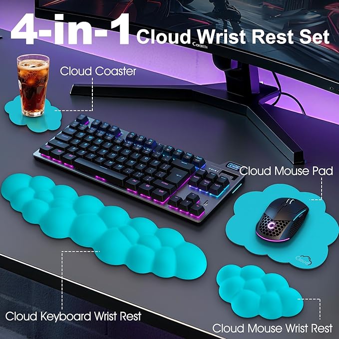Cloud Wrist Rest Keyboard Cushion, 4-in-1 Ergonomic Cloud Keyboard Wrist Rest and Mouse Pad Set with Memory Foam Arm Support for Palm, Cute Desk Accessory for PC Gaming Setup, Scuba Blue