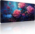 Extended Mouse Pad, Pink Roses Floral Design, 35.4 x 15.7 Inches, Microfiber Cloth Surface with Non-Slip Rubber Base, Rectangular Gaming Desk Mat