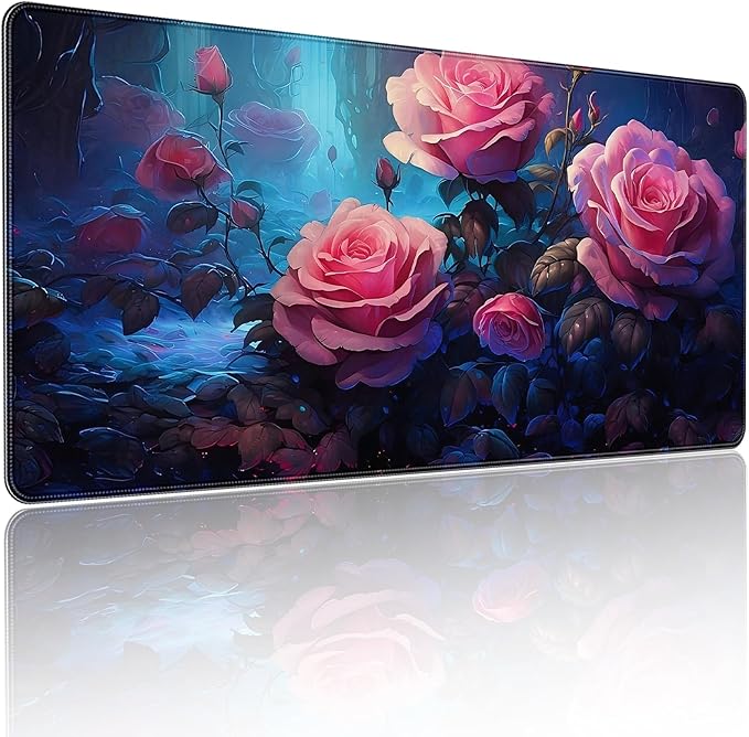 Extended Mouse Pad, Pink Roses Floral Design, 35.4 x 15.7 Inches, Microfiber Cloth Surface with Non-Slip Rubber Base, Rectangular Gaming Desk Mat