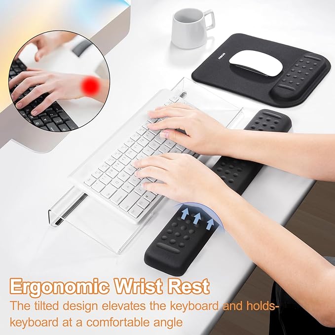 MOSISO Computer Keyboard Stand&Wrist Rest Support for Keyboard &Mouse Pad Set, Ergonomic Massage Wrist Rest Set, Easy Typing Working Acrylic Clear Stand for Office Home, Black