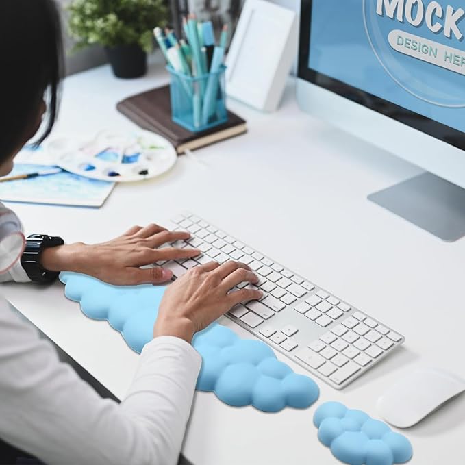 Cloud Wrist Rest Keyboard, PU Leather Memory Foam Wrist Support for Computer Keyboard, Ergonomic Keyboard Pad and Cute Mouse Wrist Pad for Gaming, Office, Computer, Easy Typing, Sky Blue