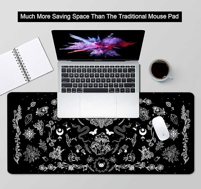 Goth Desk Mat, Black Occult Large Gaming Mouse Pad, Halloween Witchy Celestial Mushroom XXL Mousepad, Office Desk Decor Accessories Gifts