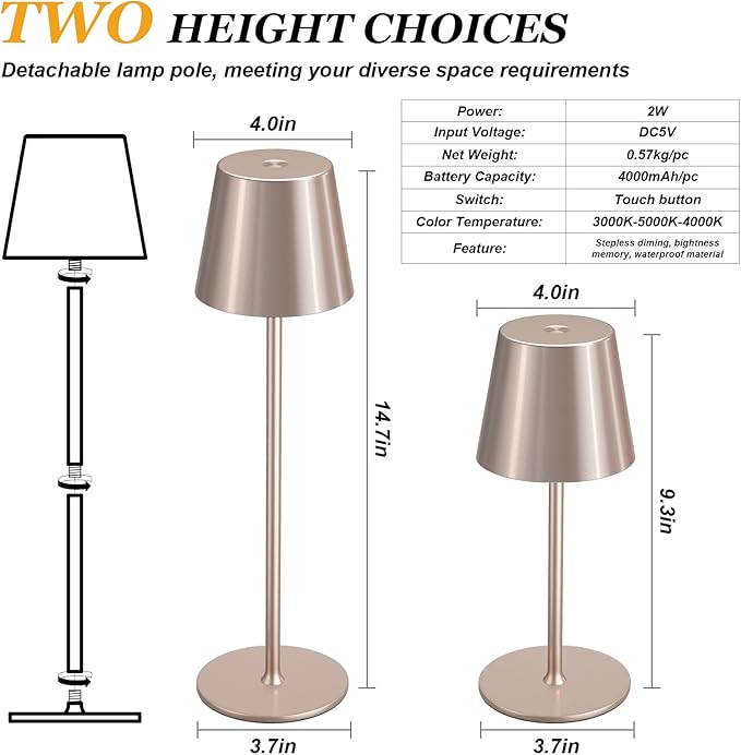 Kakanuo Cordless Table Lamp Rechargeable - Antique White 2 Pack Battery Operated Lamp for Counter, 3 Color Stepless Dimming Waterproof Wireless Lamp for Dining Kitchen, Outdoor Patio, Touch Control