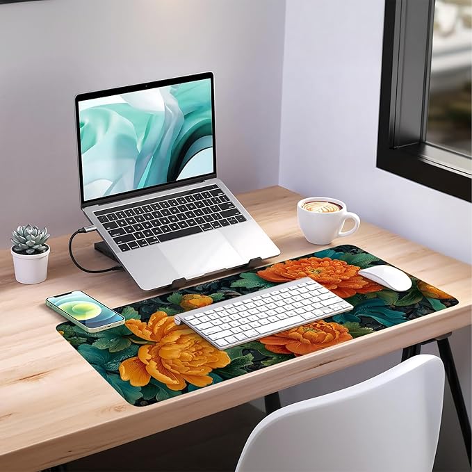 Retro Flower Spring Extended Gaming Mouse Pad 35.4x15.7Inch Large Desk Mat Anti-Slip Rubber Base & Durable Stitched Edges for Gamers Smooth Mouse Writing Surface for Desk Office/Home