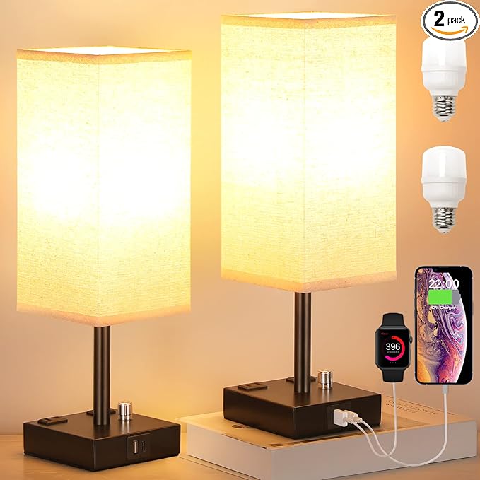 aooshine Fully Dimmable Nightstand Lamps Set of 2 - Table Bedside Lamp with USB C+A Charging Ports & 2 AC Outlets, Square Lamp Sets Linen Fabric Shade for Bedroom Living Room(Bulb Included)