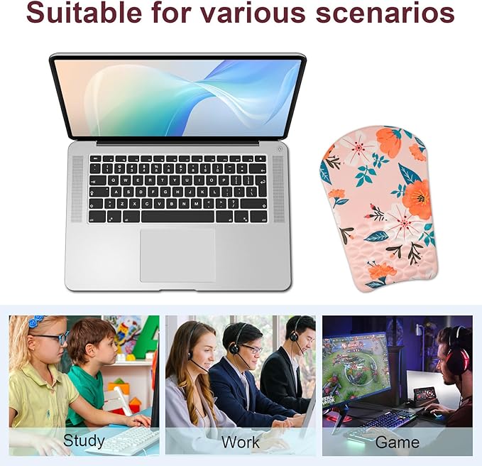 Ergonomic Wrist Mouse Pad with Massage Design, Wrist Rest Pain Relief Mousepad with Memory Foam Non-Slip PU Base, Mouse Pad with Wrist Support for Wireless Mouse & Desk, Y Pink Flowers
