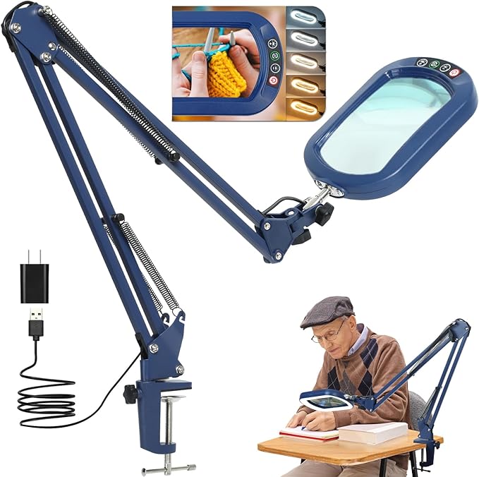 10X Large Magnifying Glass with Light and Clamp, Real Glass, 5 Color Modes, Stepless Dimmable, Lighted Magnifier with Stand Hands Free, LED Swing Arm Desk Lamp for Close Work, Craft, Reading - Blue