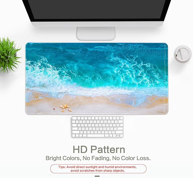 Blue Ocean Mouse Pad Desk Mat Starfish Beach Big Gaming Mouse Pad Anime Desk Pad Mousepad XXL Extended Keyboard Mat, Computer Laptop Mouse Mat for Work, Game, Office, Home, Waterproof, 31.5 x 15.7 in