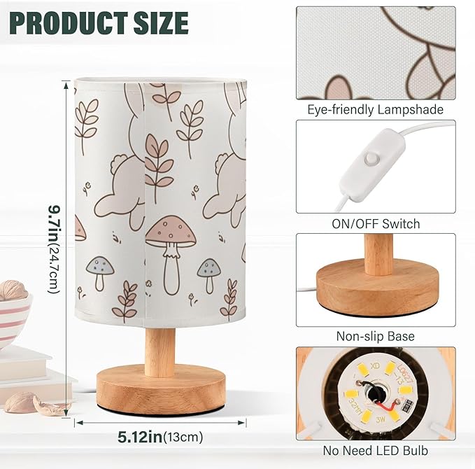 Rabbit LED Table Lamp, Bedside Lamp with Linen Lampshade, Flicker-Free Eye Care USB Plug in Nightstand Lamp, for Bedroom and Office