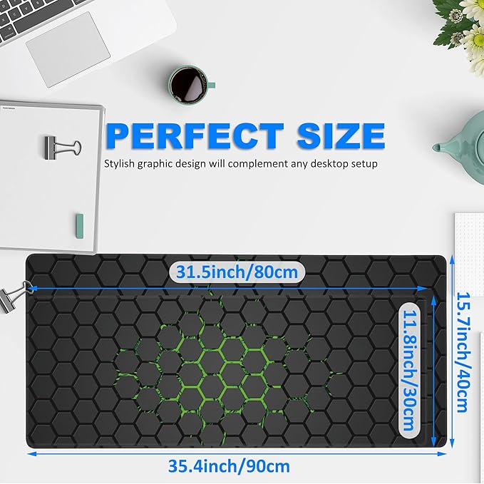 Desk Pad, Green Honeycomb Science Technology Extended Gaming Mouse Pad Large, 35.4"x15.7" Big Mouse Pad with Non-Slip Base and Stitched Edge, Long Computer Keyboard Mouse Mat for Home Office Work