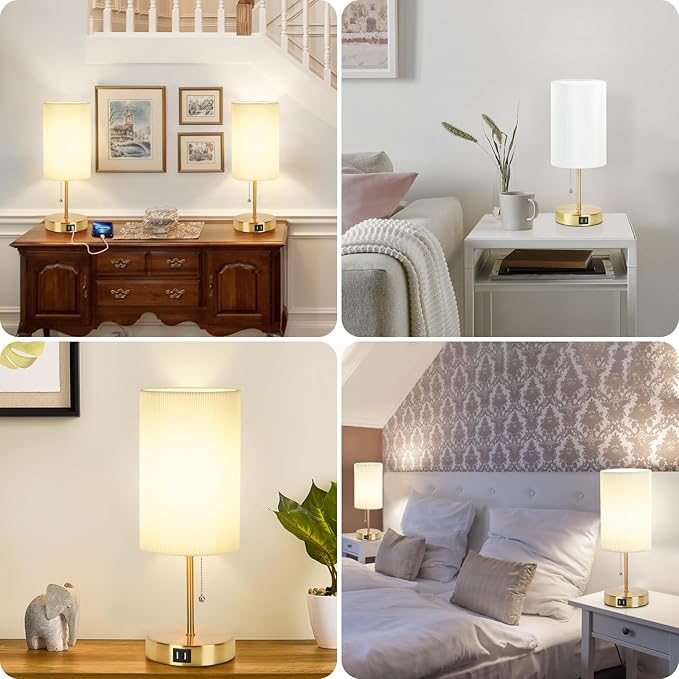 Lakumu 2 Sets Table Lamps with 2 USB, Minimalist Beside Lamps for Bedroom, Nightstand Lamp with Pull Chain, Desk Lamps with White Pleated Shade and Gold Metal Base for Living Room Dorm Reading Hotel
