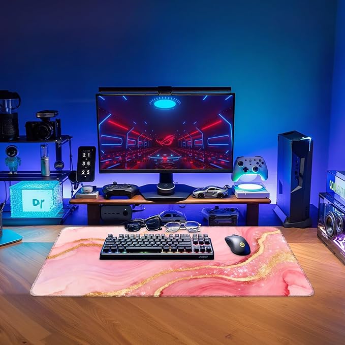 Pink Marble Extended Gaming Mouse Pad 31.5x11.8inches Large Desk Mat Anti-Slip Rubber Base & Durable Stitched Edges for Gamers Smooth Mouse Writing Surface for Desk Office/Home