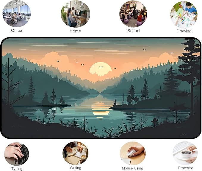 Sunset Lake Mouse Pad XXL, Green Forest Plant Desk Pad, Large Computer Pad, Game Mouse Mats Large, Full Desktop Pad, Natural Landscape Desktop Decor Home Office Desk Accessories 31.5"X15.7"