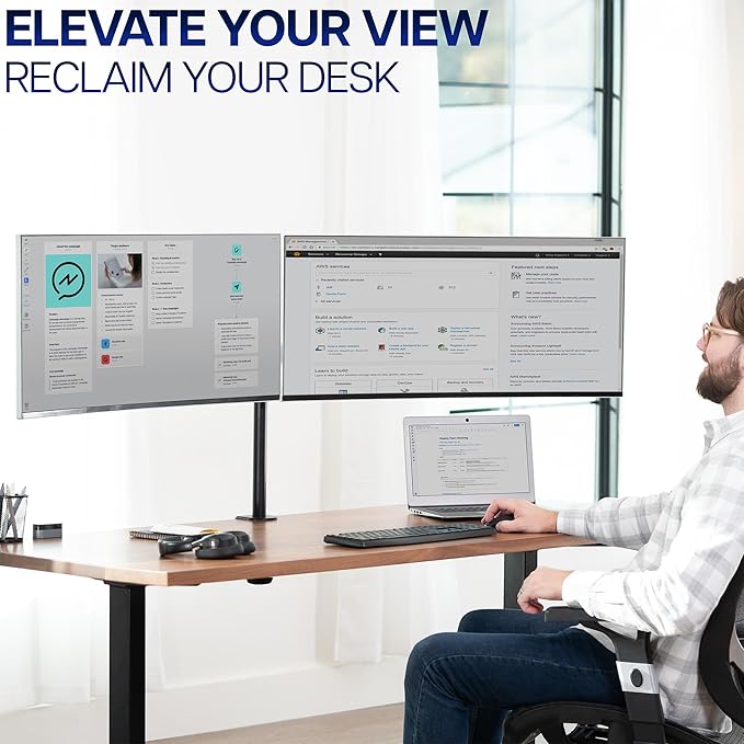 VIVO Dual Ultrawide Monitor Desk Mount, Heavy Duty Fully Adjustable Steel Stand, Holds 2 Computer Screens up to 38 inches and Max 22lbs Each, Black, STAND-V038