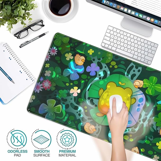 Cute Frog Desk Decor Mouse Pad Funny Desk Mat Frog Decor Desk Pad, Kawaii Green Desk Mat for Keyboard and Mouse, Gaming Mouse Pad for Computer Keyboard Laptop with Stitched Eges Pad 31.5"X15.7"