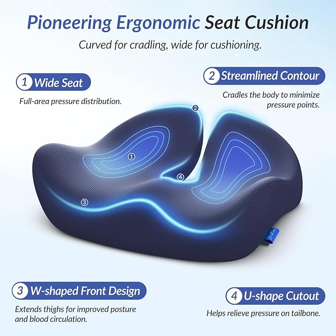ZIKEE Pioneering Seat Cushion for Pressure Relief, Ergonomic Office Chair Cushion for Coccyx, Back & Lumbar Support, High-Density Memory Foam Car Seat Cushion with Anti-Slip Base