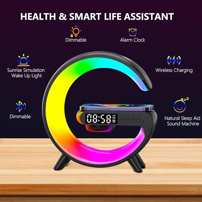 Wireless Speaker Charger Light,LED Bedside Lamp 4-in-1 Alarm Clock,Mood Light,Speaker & Wireless Charger,G-Shaped Atmosphere Lamp RGB Colour Changing Lamp for Bedroom,Birthday Gifts(Black)