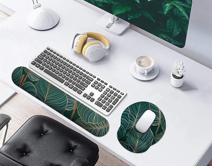 eulps Mouse Pad Wrist Support, Ergonomic Memory Foam Keyboard Wrist Pad & Gel Wrist Rest Set for Computer Keyboard for Easy Typing for Office & Home (Tropical Plants Set)