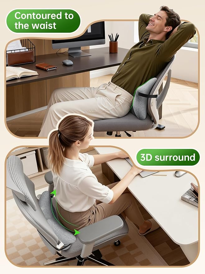 Benazcap Memory Foam Lumbar Pillow, Chair Lower Back Support Lumbar Pillow, Lumbar Support Pillow for Office, Ergonomic Design Back Support Pillow for Office Chair, Car, Home, LightGray