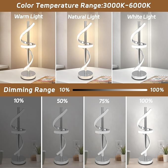 LED Modern Table Lamp, Spiral LED Table Lamp, Dimmable, 3 Colors Touch Control, Silver Unique Cool Lamps for Home Decor, Modern Nightstand Lamp with USB/Type C for Bedroom Living Room