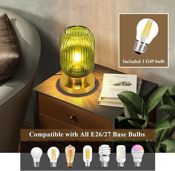Glass Table Lamp for Living Room, Vintage Bedside Lamp for Bedroom, 3-Way Dimmable Touch Control Nightstand Lamp with USB C+A, Mid Century Modern Green Table Lamp (2700K LED Bulb Included)
