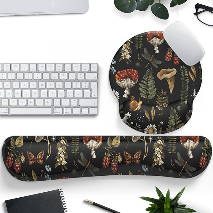 Plant Mushroom Mouse Pad Black Aesthetic Ergonomic Desk Pad Wrist Support Keyboard Wrist Rest Set, Mouse Pad with Non-Slip Pu for Office Comfortable Mouse Wrist Rest for Easy Typing.