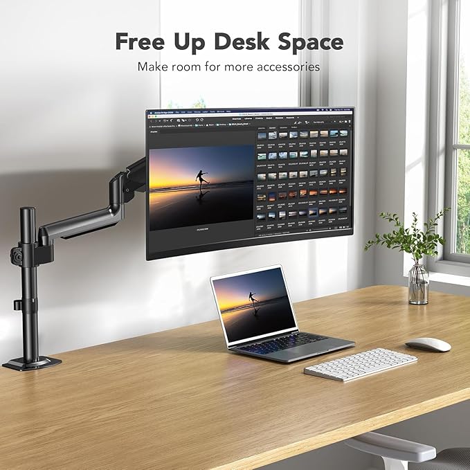 HUANUO Single Monitor Arm, Tall Computer Monitor Stand for 13–32 inch Screens Holds 4.4-19.8 lbs, Adjustable Monitor Mount Gas Spring Full Motion with C-Clamp & Grommet Base, VESA 75x75 or 100x100mm