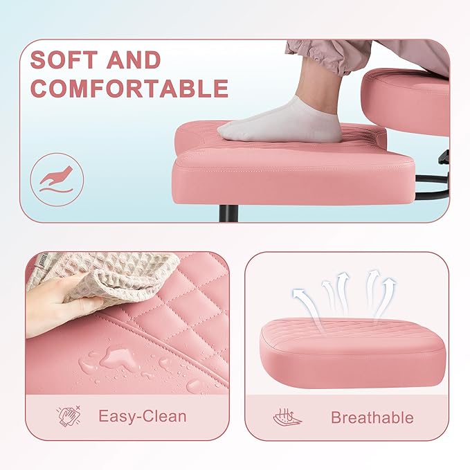 GUNJI Ergonomic Criss Cross Legged Office Chair, 360° Swivel Meditation Kneeling Chair with Wheels, ADHD Chair with Footrest, Lumbar Support, Wider Height Adjustable Seat (Pink, Faux Leather)