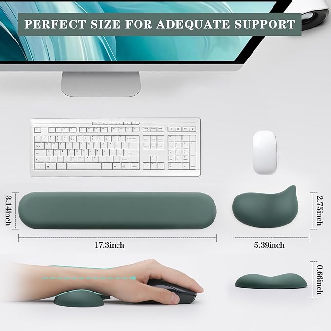 Wrist Rest for Keyboard and Mouse Pad, Ergonomic Memory Foam Keyboard Wrist Rest Set, Luxe Leather, Non-Slip Desk Accessories for Office and Home (Green)