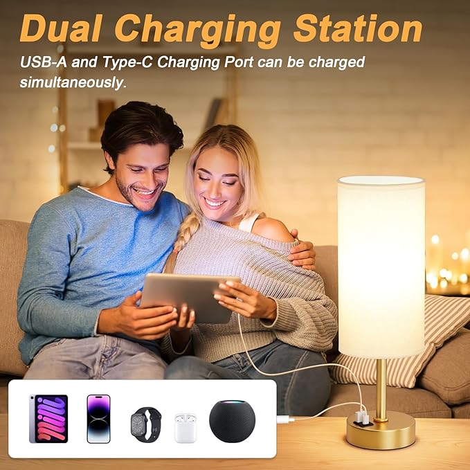 Dicoool Elegant Gold Touch Table Lamp, Modern Wedding Gift for Couples, Bedside Lamps with USB-C USB-A Charging Ports, 3 Way Dimmable Small Lamp for Office, Living Room, Bathroom