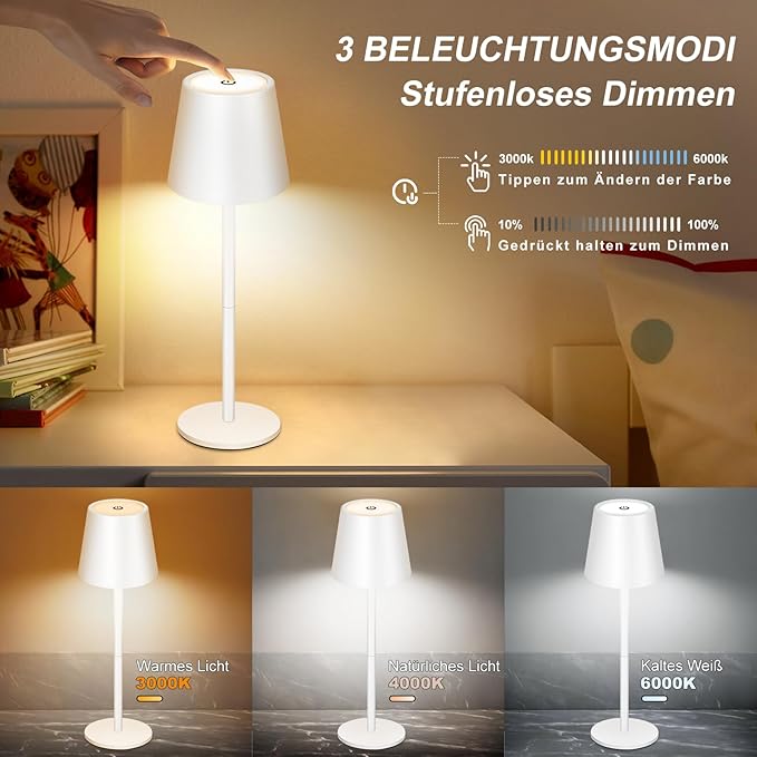 White Cordless Table Lamp Set of 2 - 8-20 Inches Adjustable Height, 5000mAh Rechargeable Battery LED Desk Lamp, 3 Color Stepless Dimmable, Portable Waterproof Metal Table Light for Indoor/Outdoor