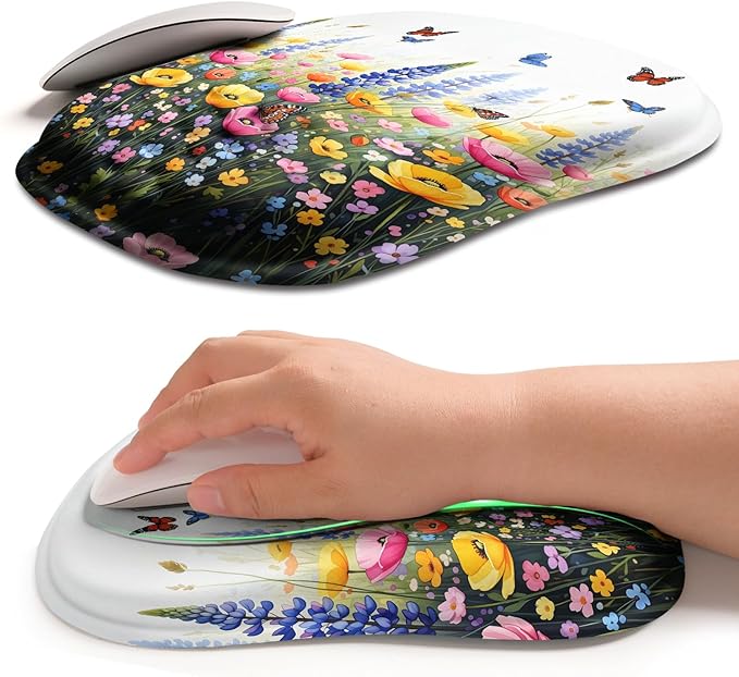 Hokafenle Ergonomic Wrist-Hugging Mouse Pad Wrist Support, U-Shaped Holding Wrist Rest Mousepad for Carpal Tunnel Pain Relief with Cushioned Memory Foam Slope Massage Bulge (10.2x8.3 in,Flowers)