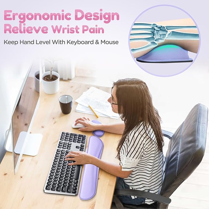 Gimars Upgrade Enlarge Gel Memory Foam Set Keyboard Wrist Rest Pad, Mouse Wrist Cushion Support for Office, Computer, Laptop, Mac, Comfortable, Lightweight for Easy Typing, Purple