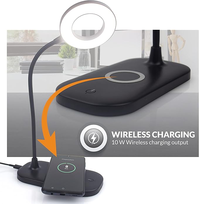 Newhouse Lighting Zlata Painted Black Plastic Tap or Touch Switch Dimmable and Adjustable Color Temperature Office Desk Lamp with 21 LEDs and USB Port, Wireless Charging