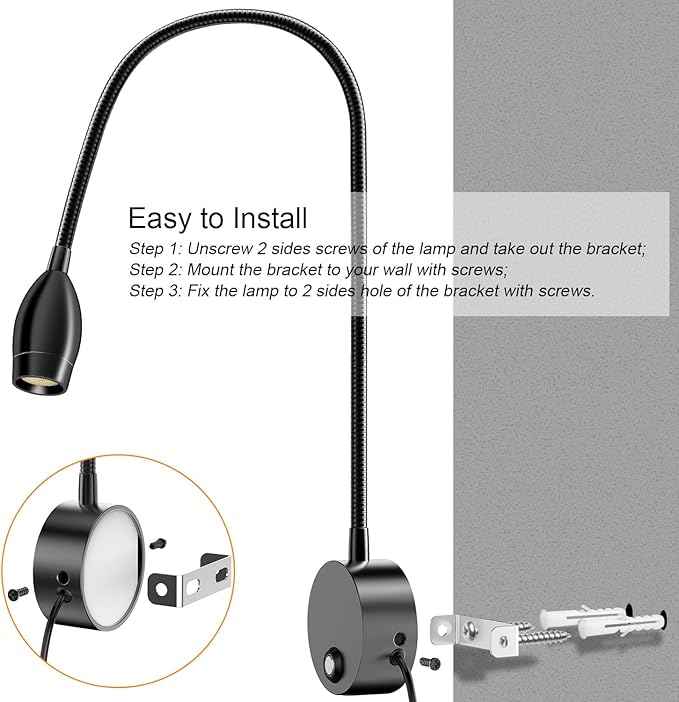 ERAY LED Wall Mounted Reading Light, Bedside Reading Lights for Bed with Touch Control, 3 Dimmable, 360°Flexible Gooseneck Headboard Book Reading Lamp Wall Sconce, 3000k-6000k-1 Pack