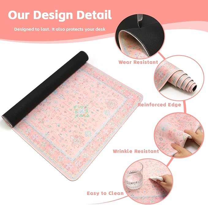 Baziabbo Pink Floral Desk Mat,XXL Extended Big Mouse Pad,Gaming Mousepad with Stitched Edge,Non-Slip Rubber Base Keyboard Desk Pad for Home Office Study Game