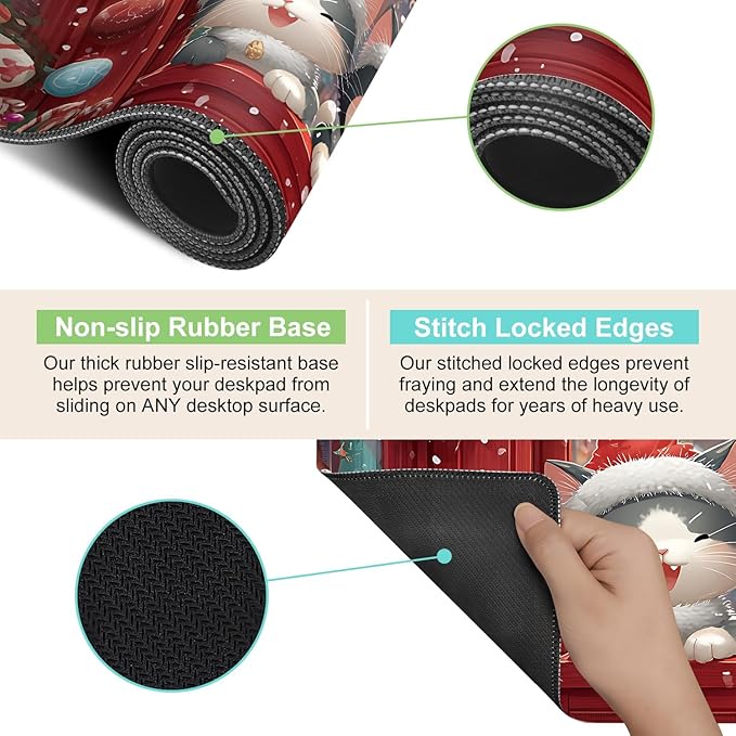 Desk Mat, XXL Extended Gaming Pad for Desktop, 35x16 Inches Cats in Santa Hats at Window, Large Non-Slip Vegan Leather Keyboard Mouse Mat for Home Office