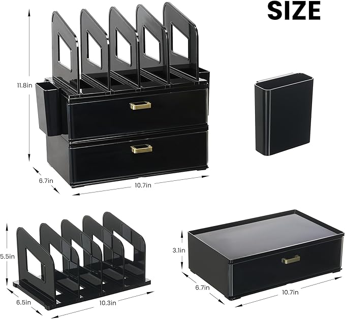 Black Acrylic Desk Organizer with Drawer & File Holder, Stackable Modular Storage System, Multi-Layer Desktop Organizer, Space Saving Office Desk Organizer for Home & Work