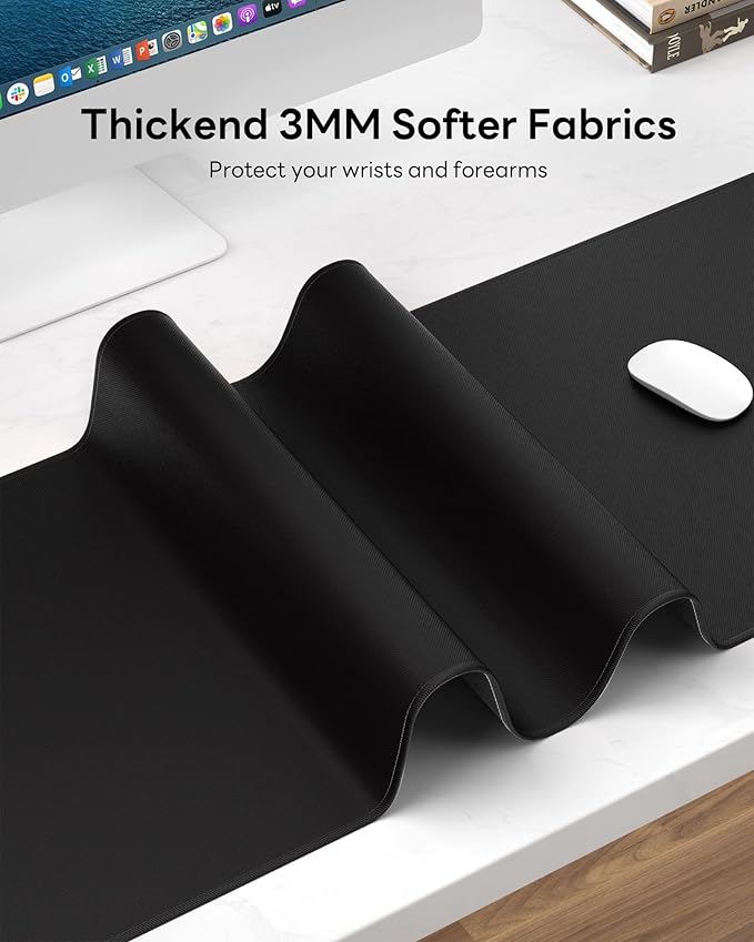Black Mouse Pad, 31.5 x 11.8 Large Desk Mat with Stitched Edges & Non-Slip Base, Mousepad for Office, Home, Work